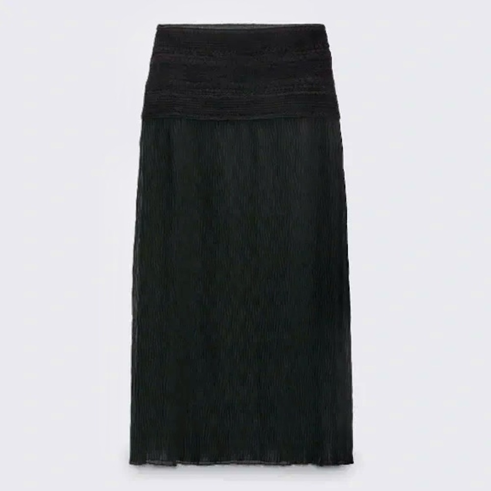 Zara black knit crochet mixed combination crocheted mesh semi-sheer midi skirt - Picture 3 of 9